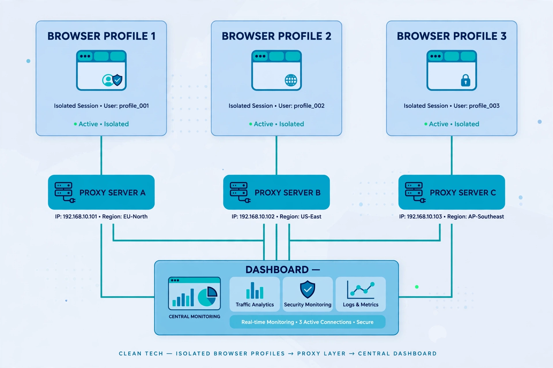 Diagram: one isolated browser profile per panel account